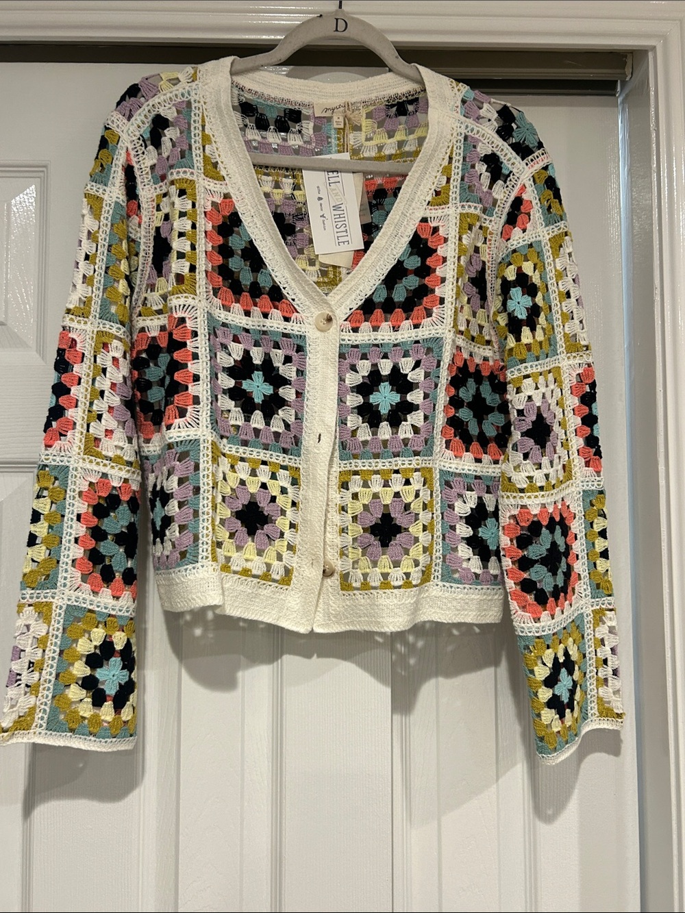 Mystree White Crochet Granny-Square Cardigan with Multi-Color Accents